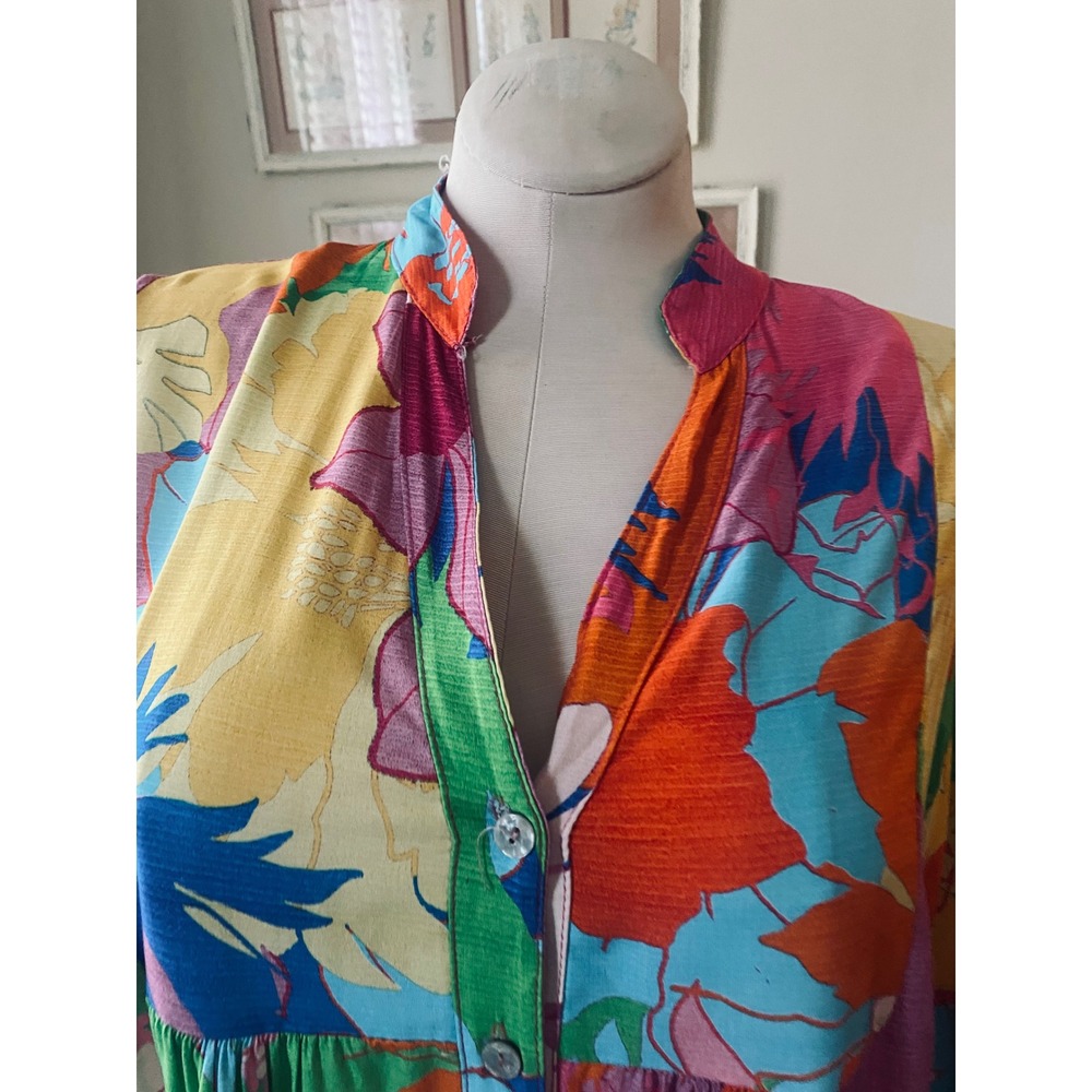 Floral Patchwork Tiered Mini Dress Multi Color Bell Sleeve Boho Babydoll sz L - Picture 7 of 8